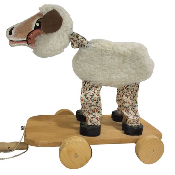Vintage Wooden Painted Lamb Sheep Pull Toy Wheels Handmade Folk Art 1981 12" - Picture 4 of 16